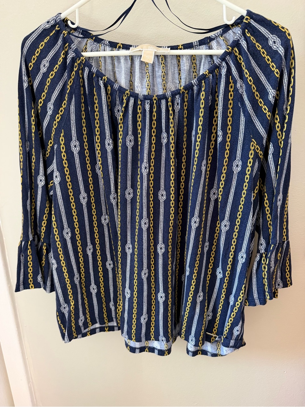Michael Kors Navy Blouse with Gold and White Chain Stripe